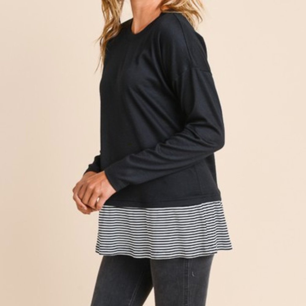 Black Long Sleeve Top with Striped Bottom - Picture 3 of 4